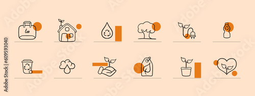 Set of eco-friendly energy icons representing renewable energy sources such as solar power, wind power, hydroelectricity. Pastel color background. Vector line icon