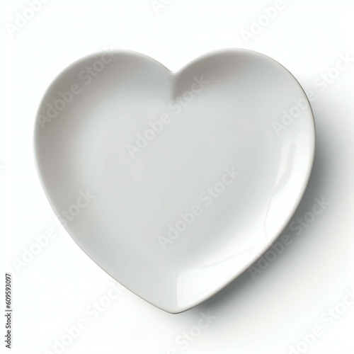 Empty plate in the shape of a heart on a white background in the center of the frame. Isolated background. Created with generative AI technology. 