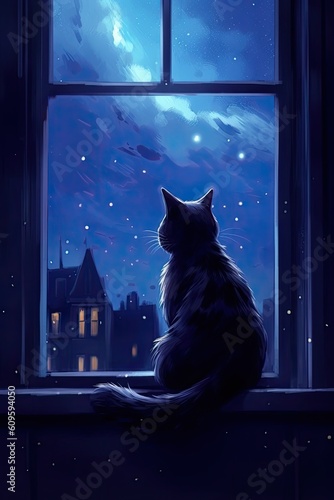 windowsill  gazing at the moon. deep blues and purples for the sky and add delicate stars to create a dreamy atmosphere