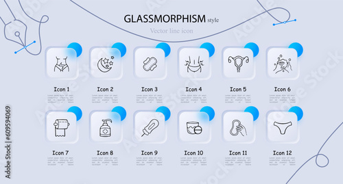 Set of icons representing menstruation and feminine hygiene. Empowering, menstrual cycle, women's health. Glassmorphism style. Vector line icon