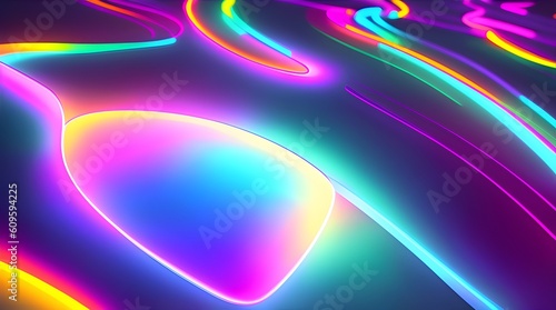 illustration of gaudy gradient background with abstract shapes glowing in ultraviolet spectrum, neon lines, bright colours, futuristic concept. Generative AI