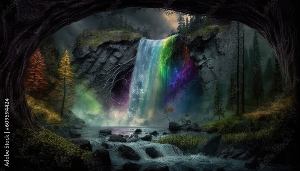 Hidden waterfall in enchanted forest, rainbow-colored mist rises from cascading water. Generative AI