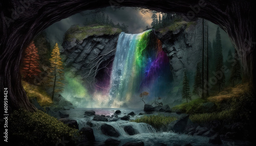 Hidden waterfall in enchanted forest, rainbow-colored mist rises from cascading water. Generative AI