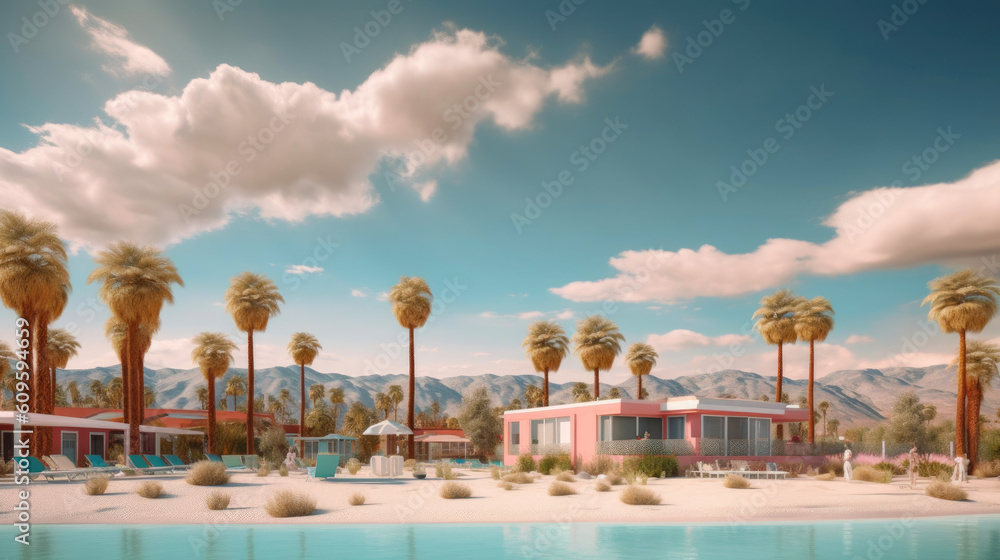 1960s Coastal Retreat: A Nostalgic View of Palm Springs. Generative AI