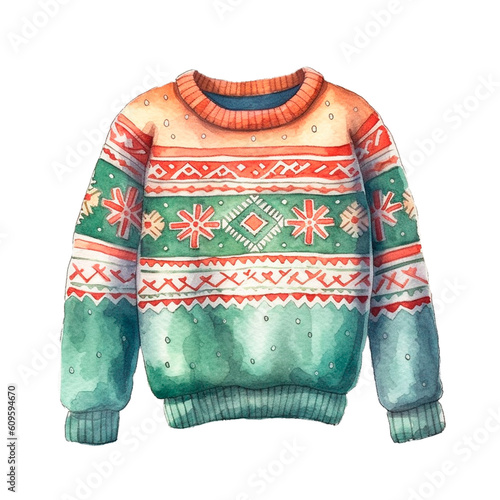 Winter sweater watercolor. Seasonal ugly sweater party watercolor decorative element. AI generated watercolor isolated illustration