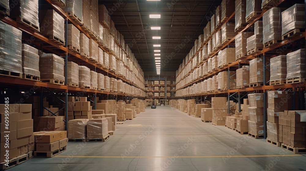 Interior of a modern warehouse. Generative AI.