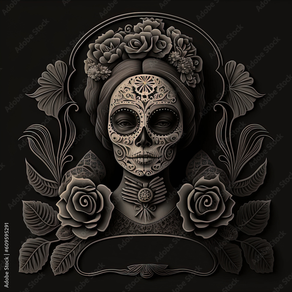 Dia de los muertos. Day of The Dead vector poster with smiling sugar festive skull, Generative AI. Dia de los muertos. Day of The Dead vector poster with smiling sugar festive skull, Generative AI.