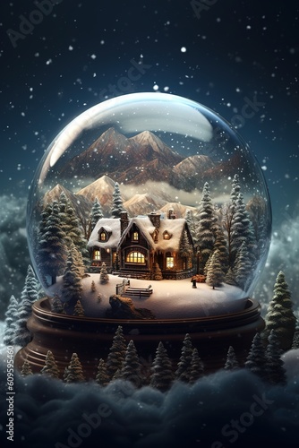 Stylish Christmas snow globe on the background of a Christmas tree in lights. Generative AI.