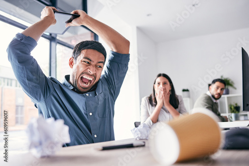 Fotografia Angry, hitting and business man in office for anger management problem, mental health and frustrated