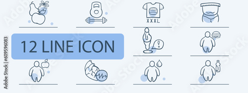 Set of icons representing weight loss and fitness journey. Healthy, active, weight loss, fitness. Pastel color background. Vector 12 line icon