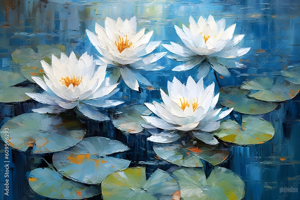 Oil painting of Impressionist water lilies