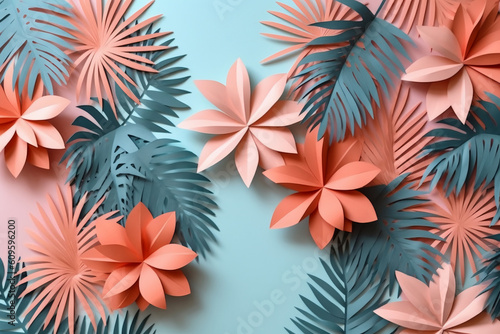 Palm tree leaves and exotic flowers paper cut style pattern flat lay created with AI generative technology