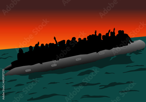 Patera de inmigrantes al atardecer