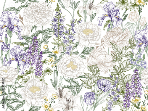 Vector seamless pattern garden in engraving style. Rose, lily, lupine, bluebells, tulip, peony, periwinkle, buttercups, irises, veronica