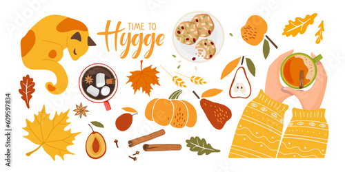 Hygge set. Time to Hygge text. Hands with hot spicy drink, cookies, red leaves. Autumn cute and cozy design element bundle. Autumn vector illustration for Fall mood poster, postcard, flyer template.