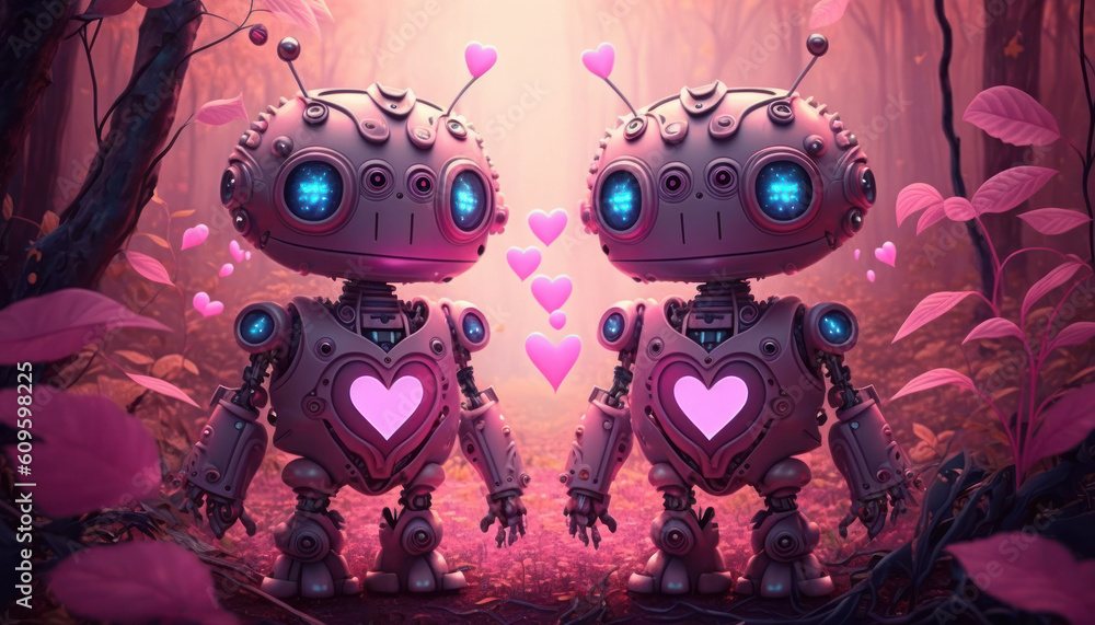 Pink cartoon retro robots with hearts explore distant planet, pause to admire view. Generative AI