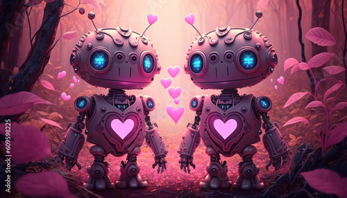 Pink cartoon retro robots with hearts explore distant planet, pause to admire view. Generative AI © Postproduction