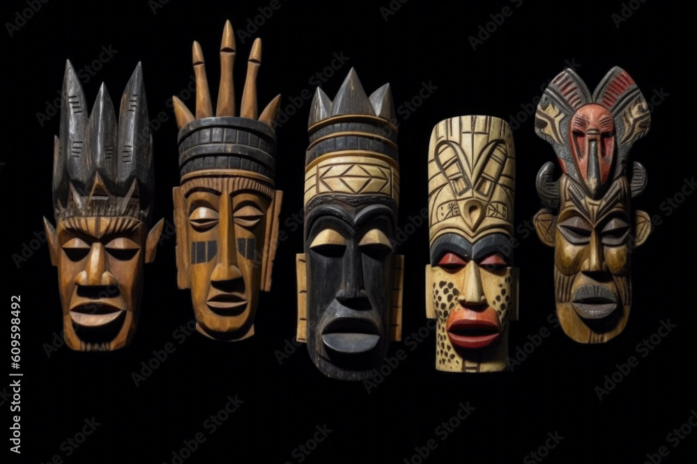 Collection Wooden Various Masks On A Dark Black Background Created With The Help Of Artificial Intelligence