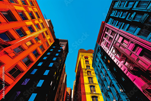 Generative AI illustration of New York buildings seen from below in bright colors