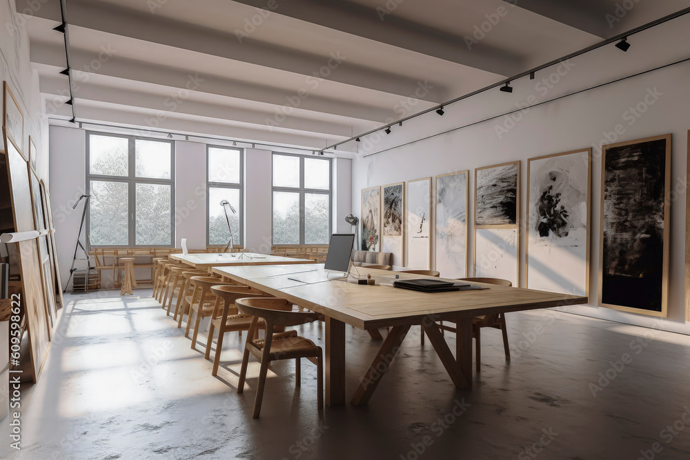 Generative AI illustration of room very large room with various office desks that can motivate people to work Generative AI illustration of room very large room with various office desks that can motivate people to work