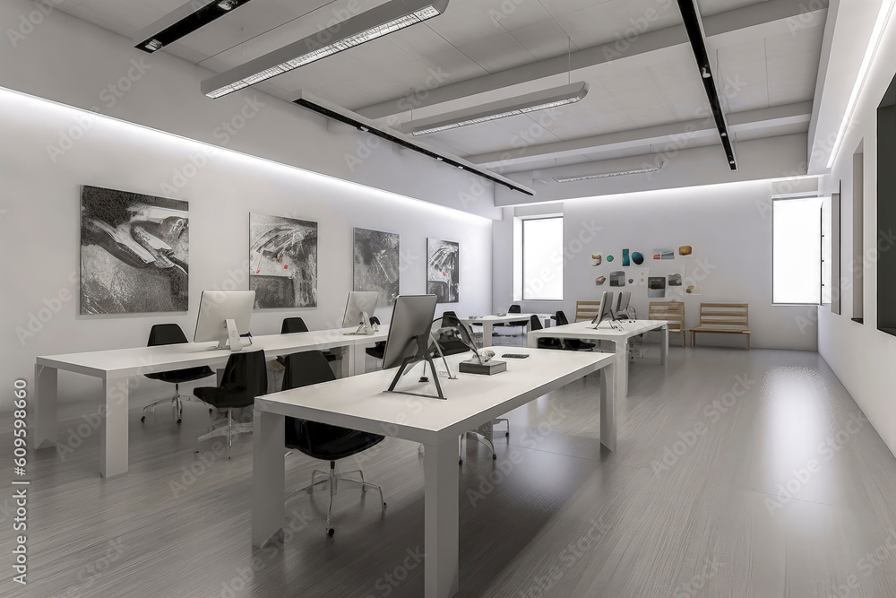 Generative AI illustration of room very large room with various office desks that can motivate people to work Generative AI illustration of room very large room with various office desks that can motivate people to work