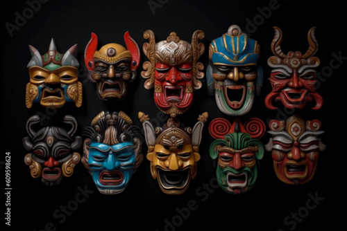 Collection Wooden Various Masks On A Dark Black Background Created With The Help Of Artificial Intelligence