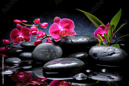 illustration of pink orchids on wet stones. advert for Spa concept. generative AI