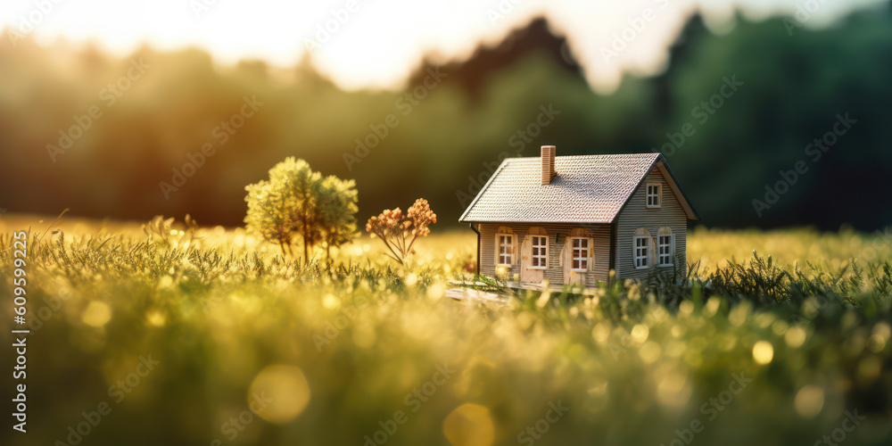 Cute small model house is sitting on a grassy field. Sunlight bokeh background. Cute small model house is sitting on a grassy field. Sunlight bokeh background.