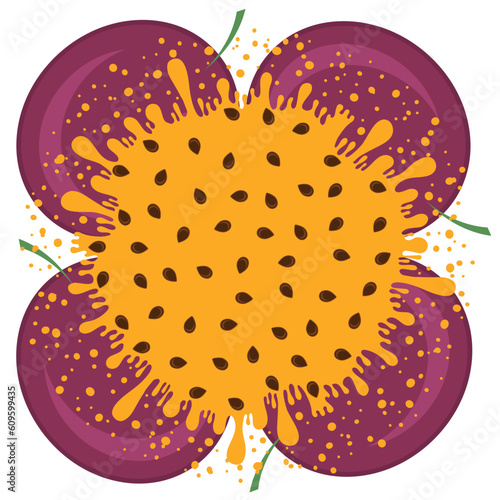 Vector Passion Fruit Pattern with Brown Seeds on Orange Background. Tropical Food Texture