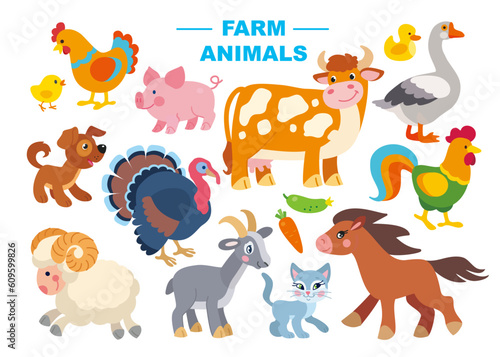 Set of cute farm animals and birds vector illustration. Cartoon animalistic characters in flat style: chicken, rooster, turkey, cow, goat, horse, goose, duck, dog, cat, pig, seep, ram.