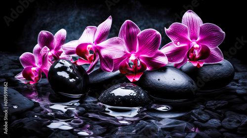  Beautiful illustration of pink orchids on wet stones. Spa concept. generative AI