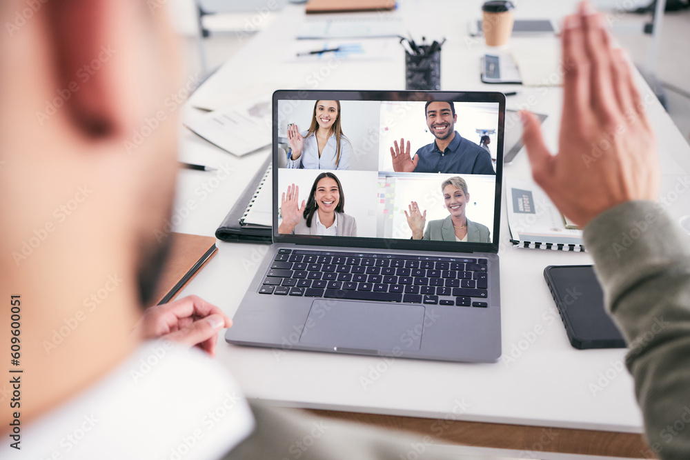 Video call, laptop screen and people in business meeting, remote work and virtual communication for job planning. Professional person wave hello on computer webinar, online discussion and happy team Video call, laptop screen and people in business meeting, remote work and virtual communication for job planning. Professional person wave hello on computer webinar, online discussion and happy team