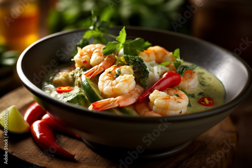 A close-up view of a bowl of spicy Thai green curry made with prawns and vegetables. (Generative AI)