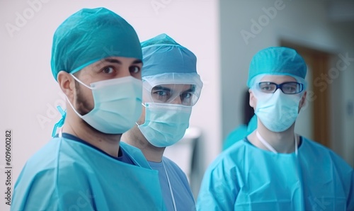 Male doctors in scrubs posing for a photo inside the hospital. Creating using generative AI tools
