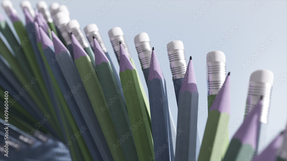 Abstract concept. Pencils move one after another along the conveyor, erasers move in the opposite direction next to them Abstract concept. Pencils move one after another along the conveyor, erasers move in the opposite direction next to them