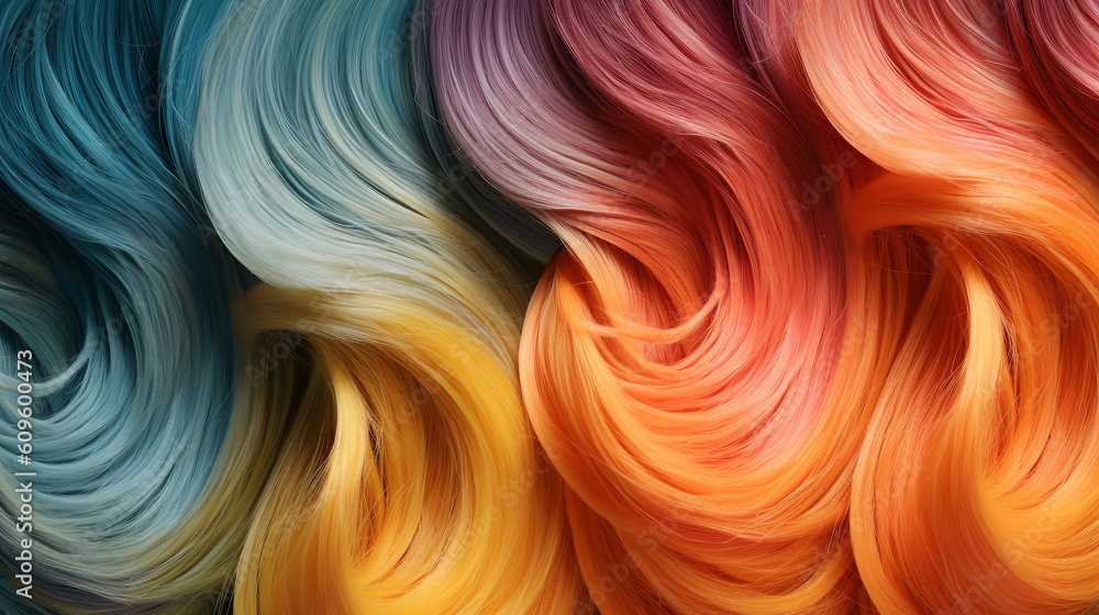 Close-up of colorful hair strands studio shot, beauty and fashion concept. Macro shot of dyed strands hair in vivid colors, top view. Hair care concept. Tuft bright colored hair. AI generated Close-up of colorful hair strands studio shot, beauty and fashion concept. Macro shot of dyed strands hair in vivid colors, top view. Hair care concept. Tuft bright colored hair. AI generated