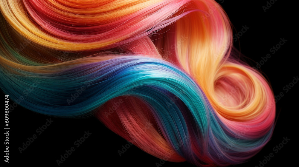 Close-up of colorful hair strands studio shot, beauty and fashion concept. Macro shot of dyed strands hair in vivid colors, top view. Hair care concept. Tuft bright colored hair. AI generated Close-up of colorful hair strands studio shot, beauty and fashion concept. Macro shot of dyed strands hair in vivid colors, top view. Hair care concept. Tuft bright colored hair. AI generated
