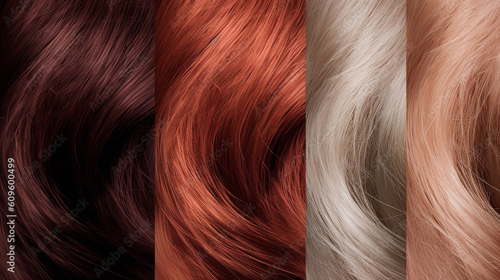 Naklejka premium Close-up of colorful hair strands studio shot, beauty and fashion concept. Macro shot of dyed strands hair in vivid colors, top view. Hair care concept. Tuft bright colored hair. AI generated