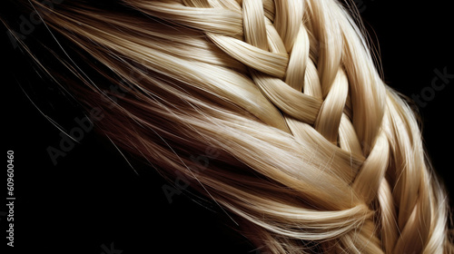 Close-up of braided blonde hair, beauty and fashion concept. Texture of braided blond hair as background. Hairdresser salon concept. Hair care concept. AI generated