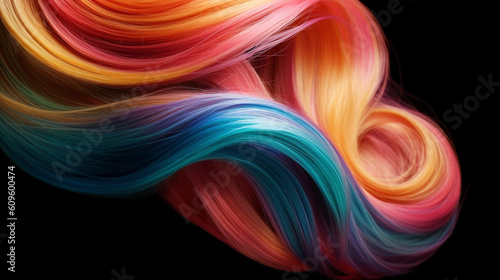 Close-up of colorful hair strands studio shot, beauty and fashion concept. Macro shot of dyed strands hair in vivid colors, top view. Hair care concept. Tuft bright colored hair. AI generated