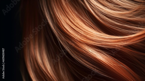 Close-up of wavy brown hair strands on dark background, beauty and fashion concept. Macro shot of female chestnut hair strands, top view. Hair care concept. Tuft brown hair. AI generated