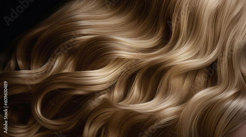 Strands of  Beautiful long wavy hair colored in light blond color, top view.   Closeup shot of  beautiful curly hair. Beauty, Fashion concept. Hairdresser salon concept. AI generated photo