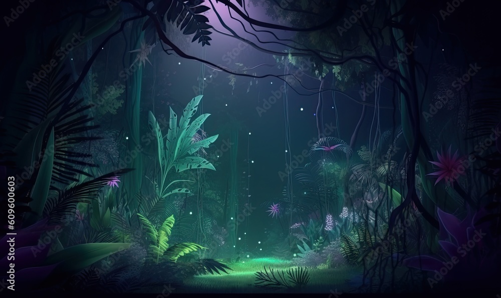 Magical night in a tropical jungle Creating using generative AI tools