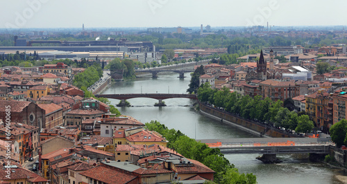 panoramic view of the city of Verona in Italy and the ADIGE river and the bridges that cross it