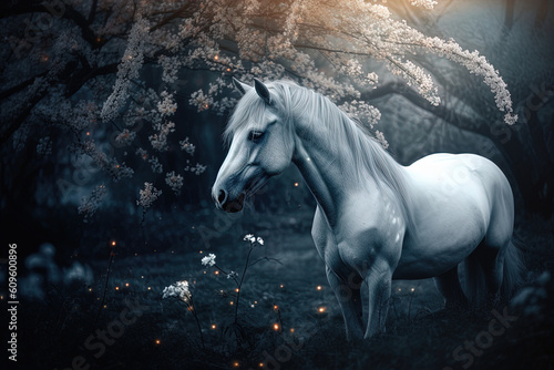 Close-up with the white horse in a spring environment in a fantasy world © IonelV