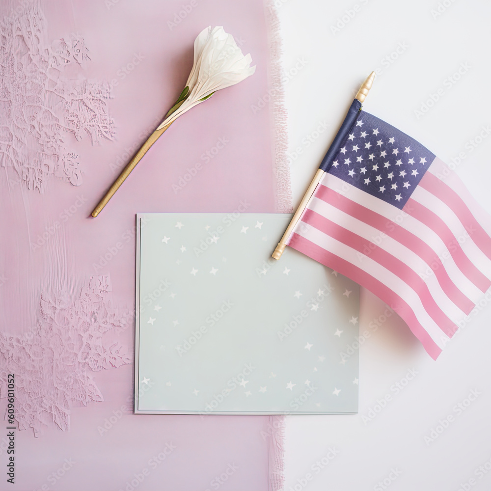 Obraz premium Top view with greeting card, white flower and American flag for event celebration
