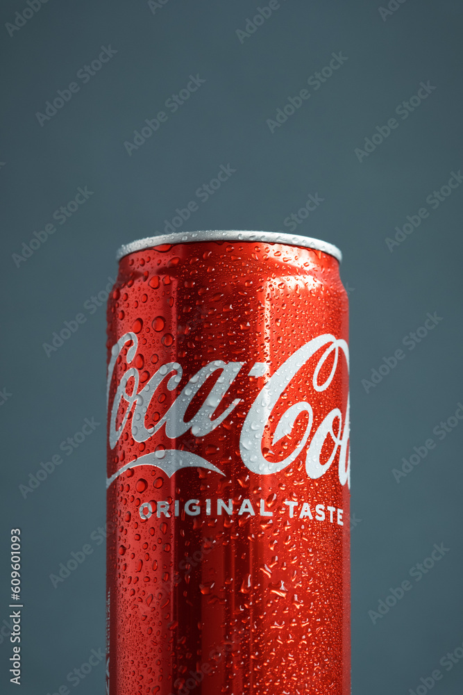 KYIV, UKRAINE - May 09: Close up shot of classic Coca-Cola red can on ...