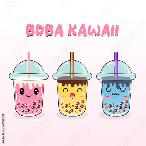 cute kawaii boba mascot drink in pink, yellow and blue, with a happy and calm expression