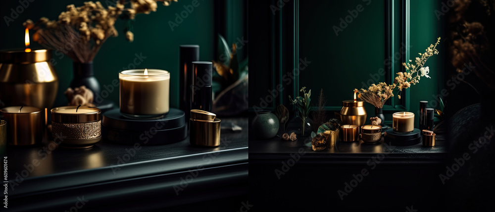 Luxury spa settings with burning candles, plants in a cozy atmosphere and soft light Luxury spa settings with burning candles, plants in a cozy atmosphere and soft light