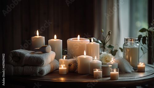 Spa setting with burning aromatic white candles and towels